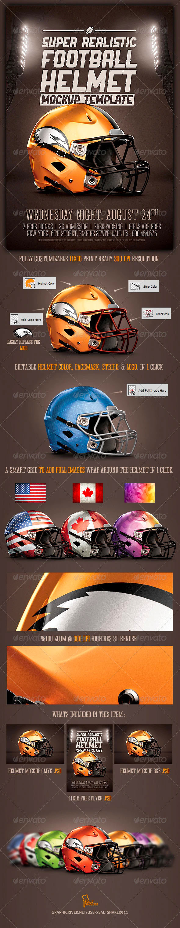 真实的橄榄球(美式足球)头盔花纹设计展示样机