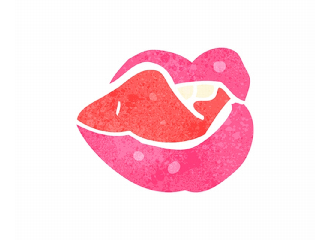 粉红色甜蜜桃心舔唇的嘴巴矢量插图