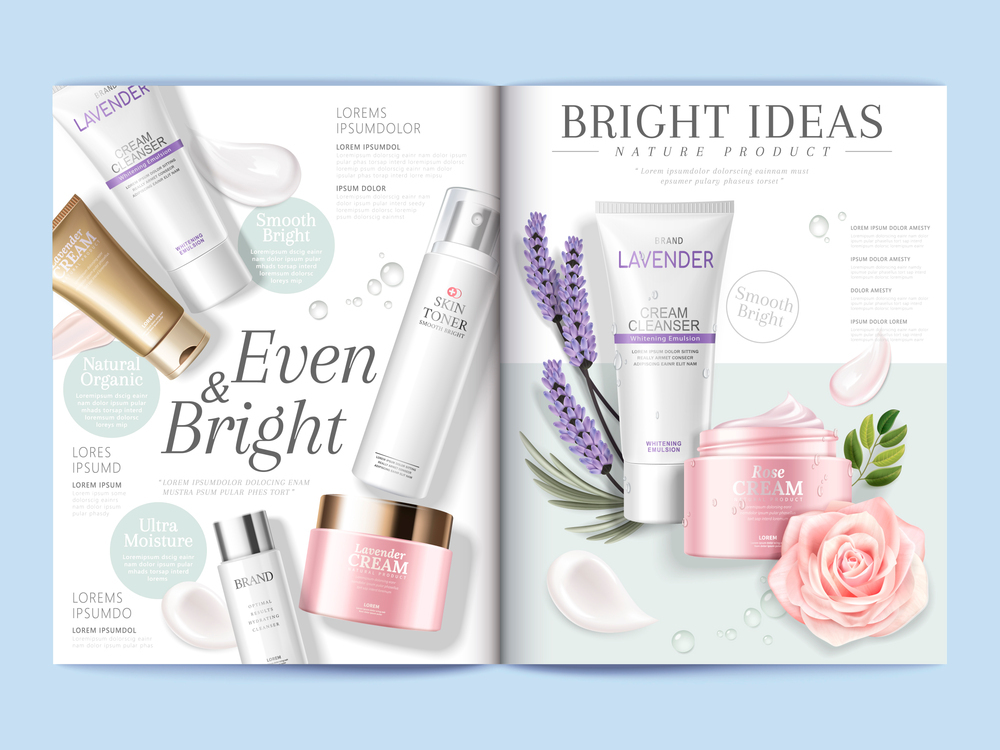 清新风格水乳面霜化妆品杂志排版页面设计