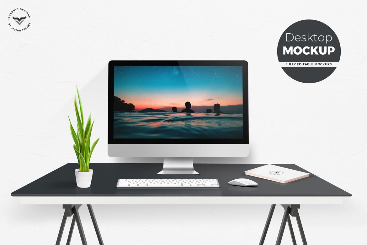 现代简约办公桌场景一体机电脑样机模板 Desktop Moc