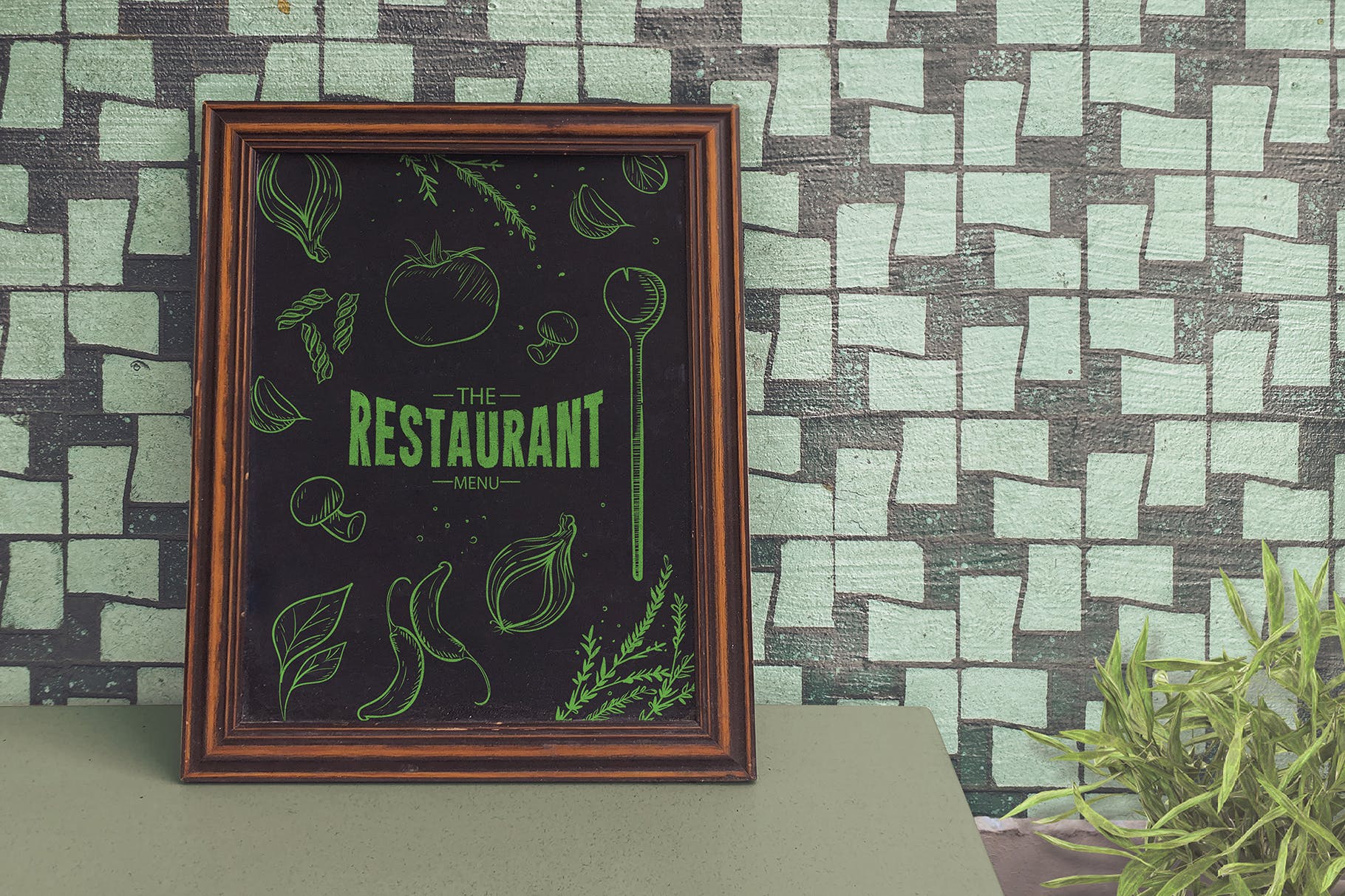 西餐厅黑板粉笔手绘设计效果图展示样机模板 Chalkboar
