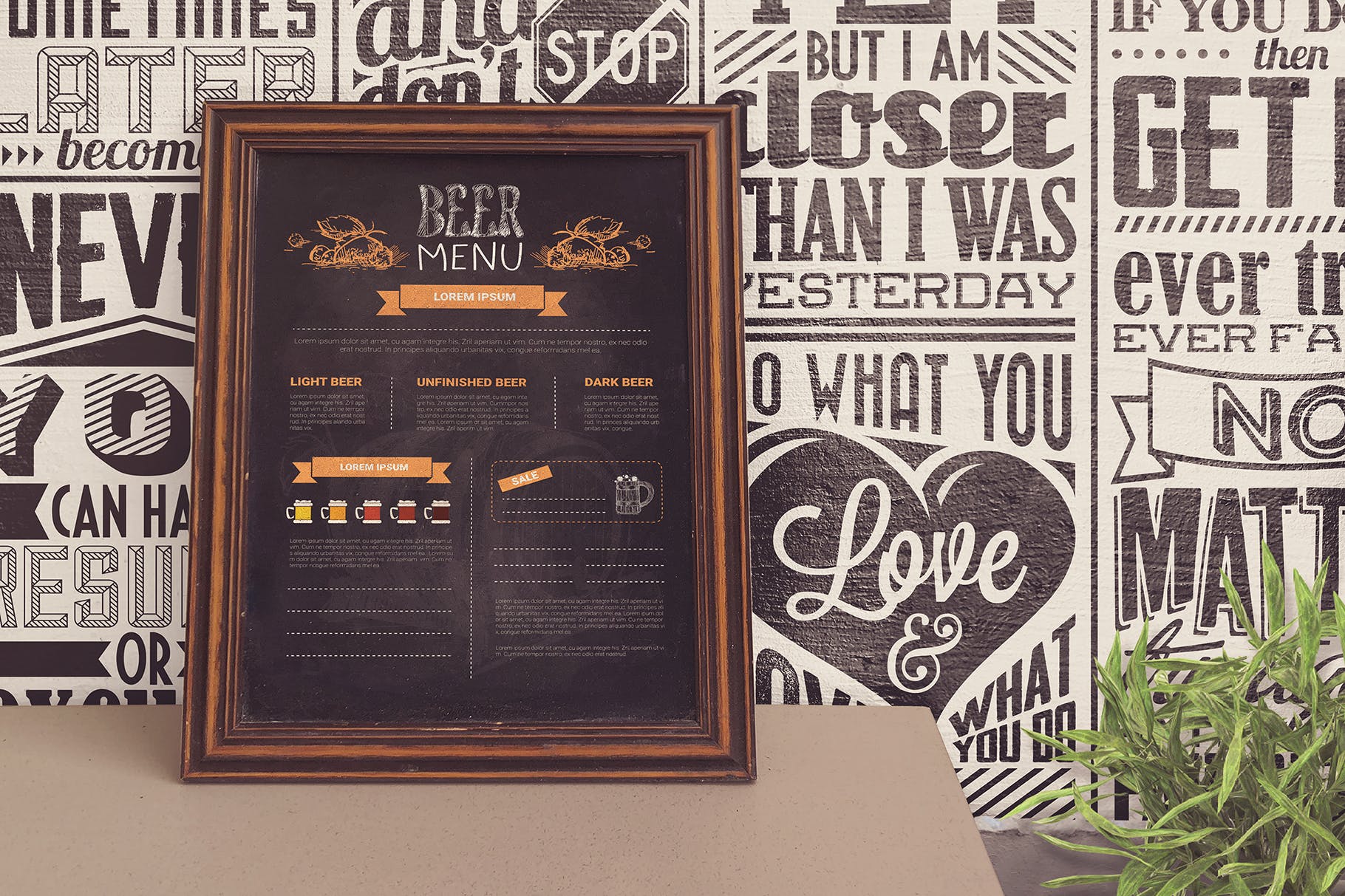 西餐厅黑板粉笔手绘设计效果图展示样机模板 Chalkboar