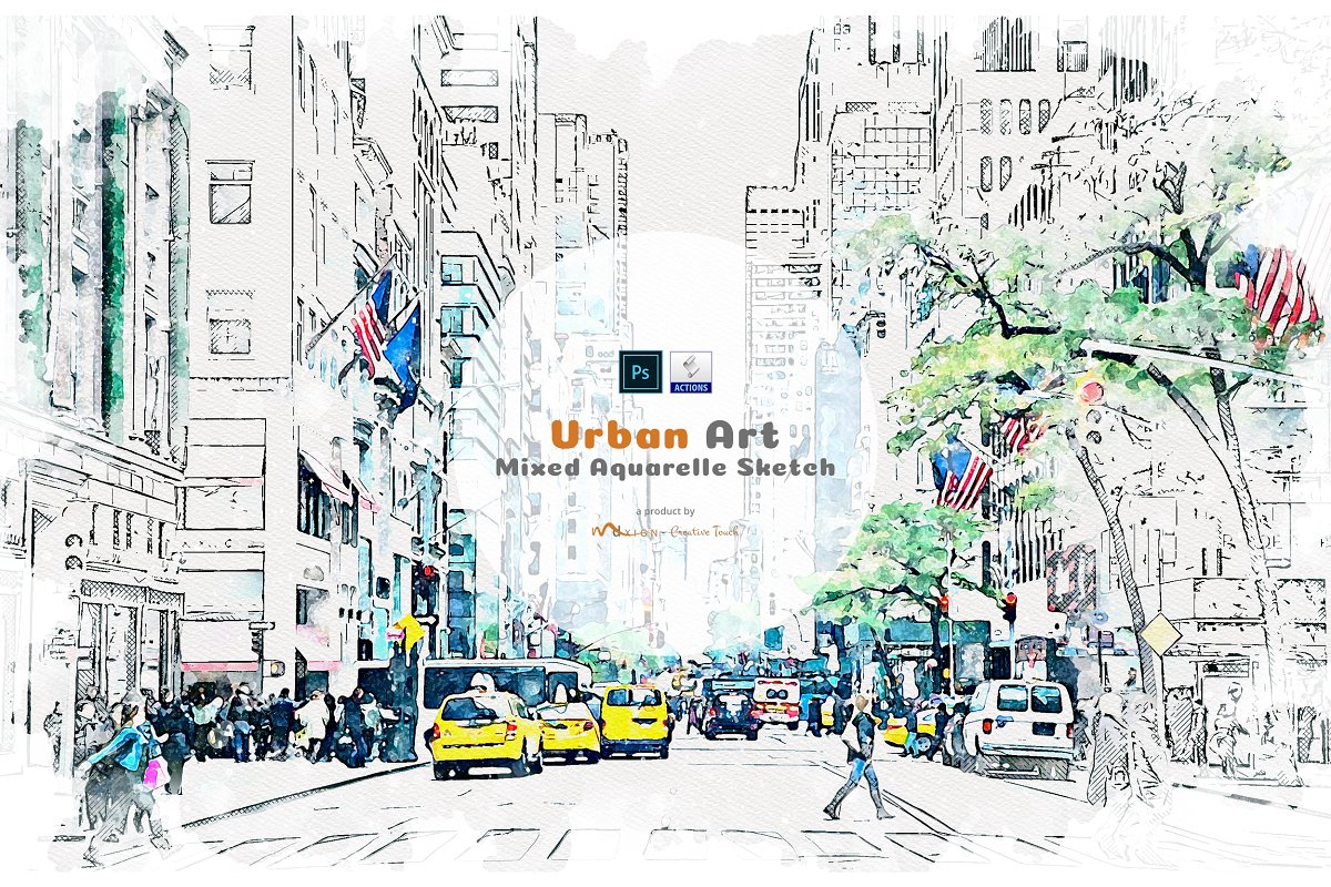 都市艺术-混合水彩画素描照片处理ps动作