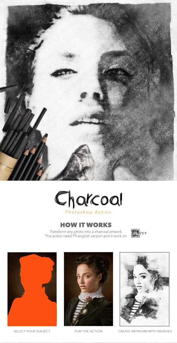 黑色木炭素描绘画效果照片处理ps动作