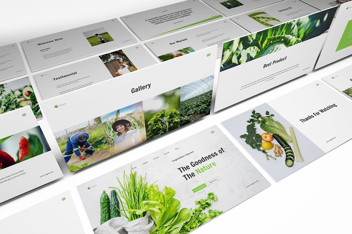 清新时尚绿色健康蔬菜水果主题的keynote幻灯片演示模板