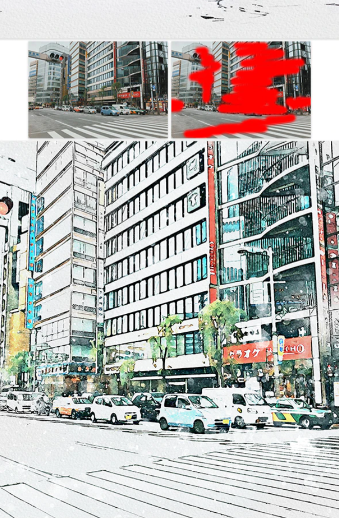 城市街道照片混合水彩素描效果ps动作