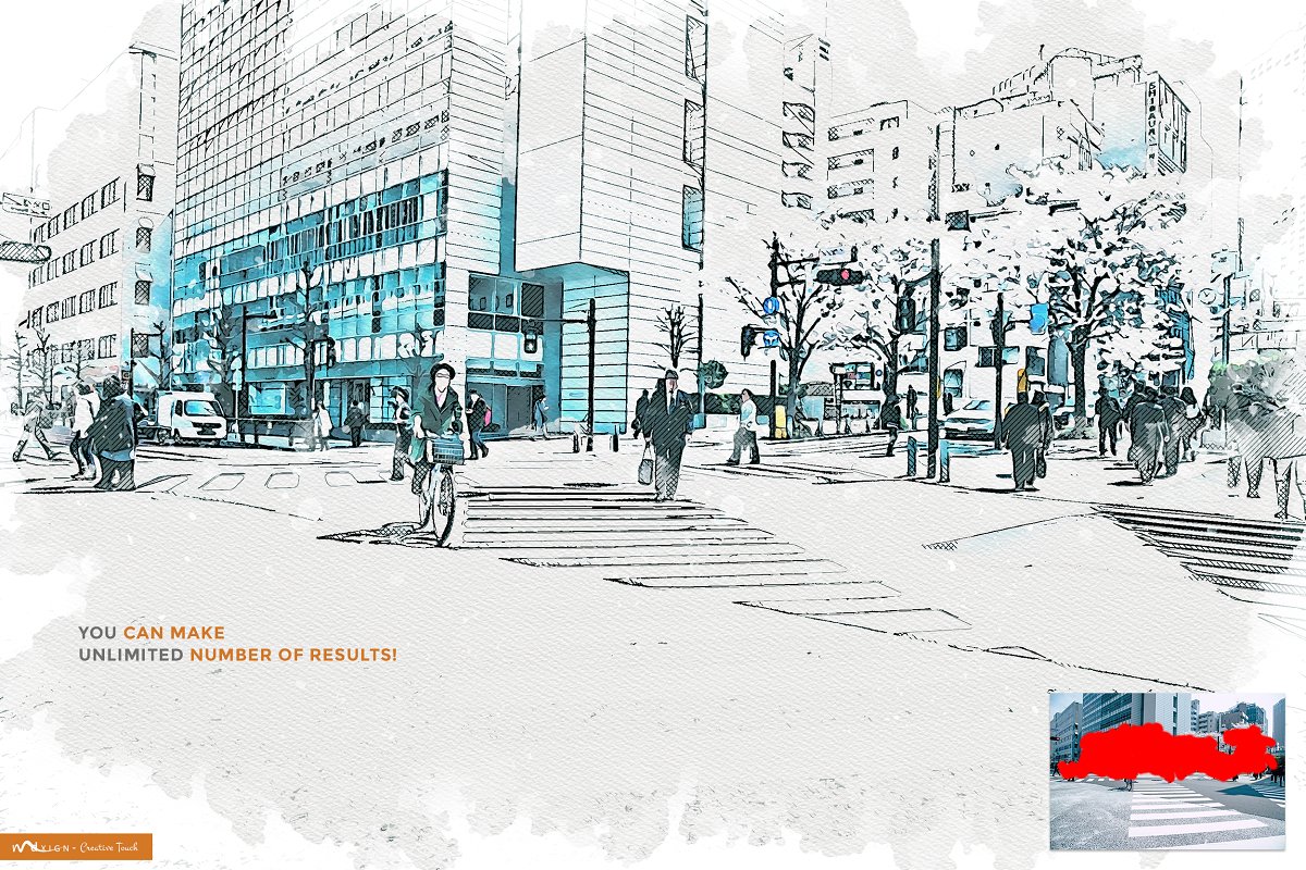 都市艺术-混合水彩画素描照片处理ps动作