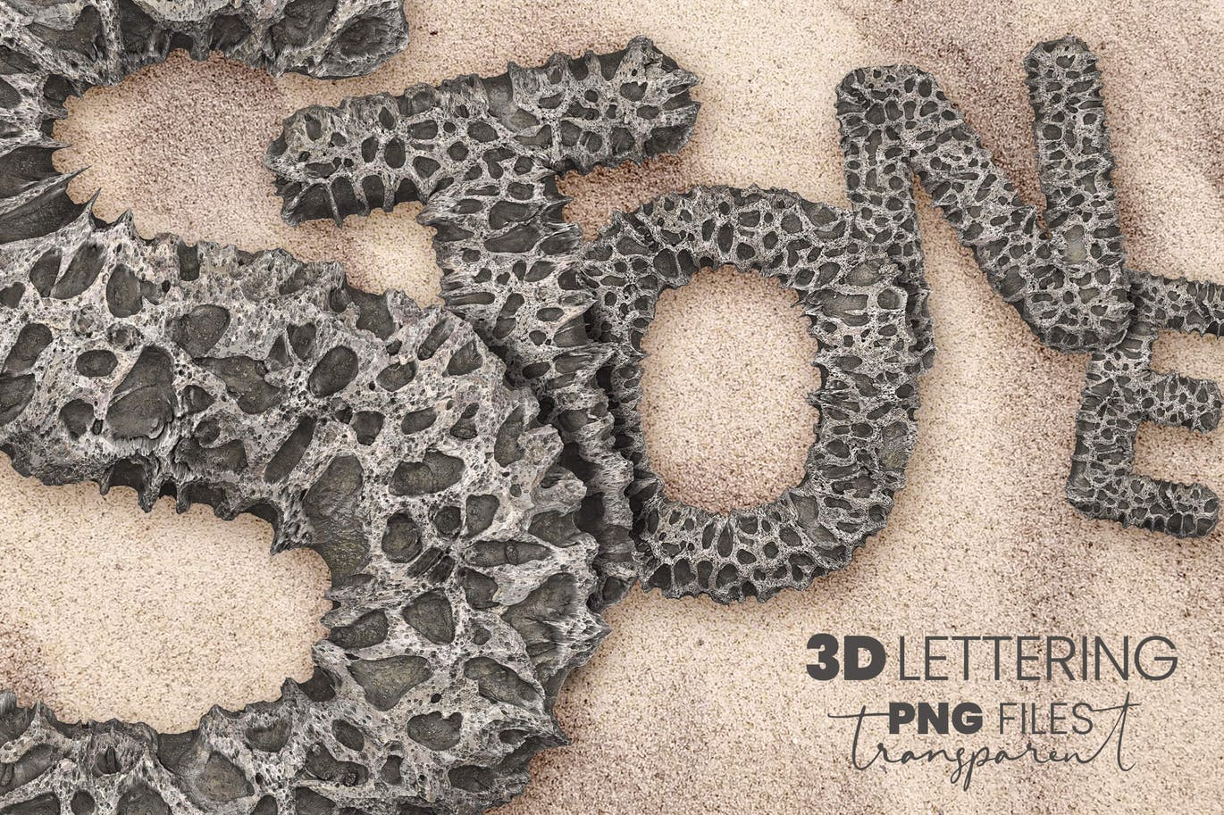 时尚高端逼真质感的多孔石头效果3D立体英文字母