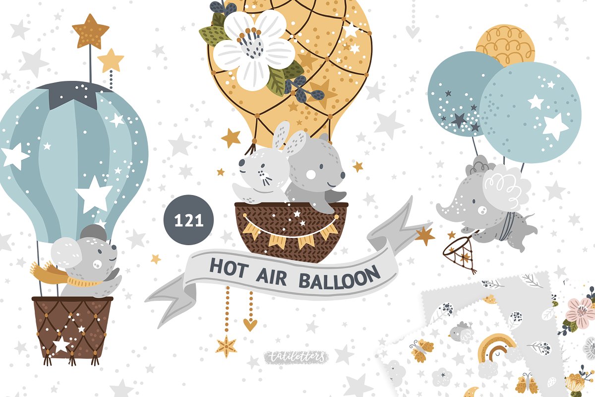 动物热气球梦幻插画图案