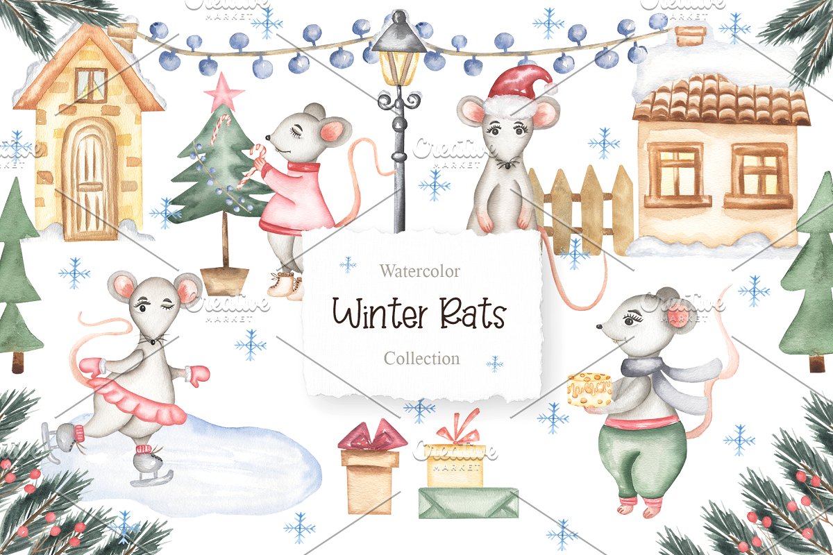 冬季圣诞水彩老鼠插画素材合集