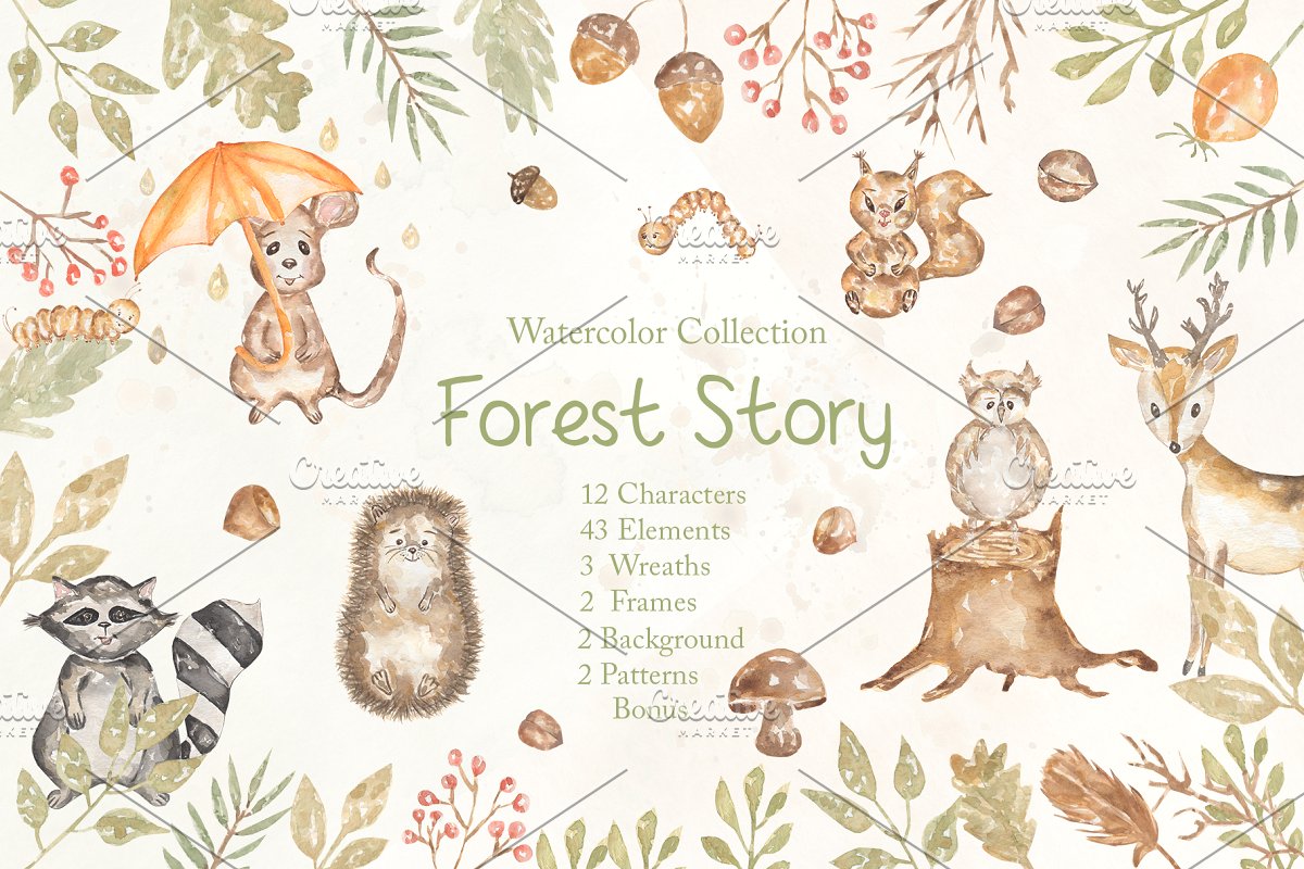 森林故事系列手绘水彩插画素材