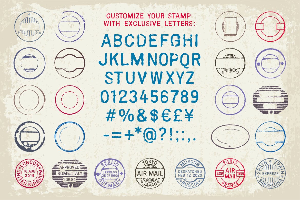 时尚简约复古风格的邮票邮戳矢量标签集合
