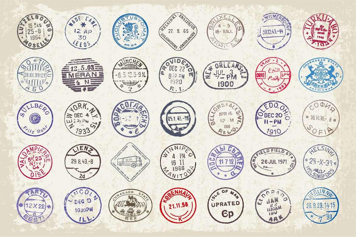 时尚简约复古风格的邮票邮戳矢量标签集合