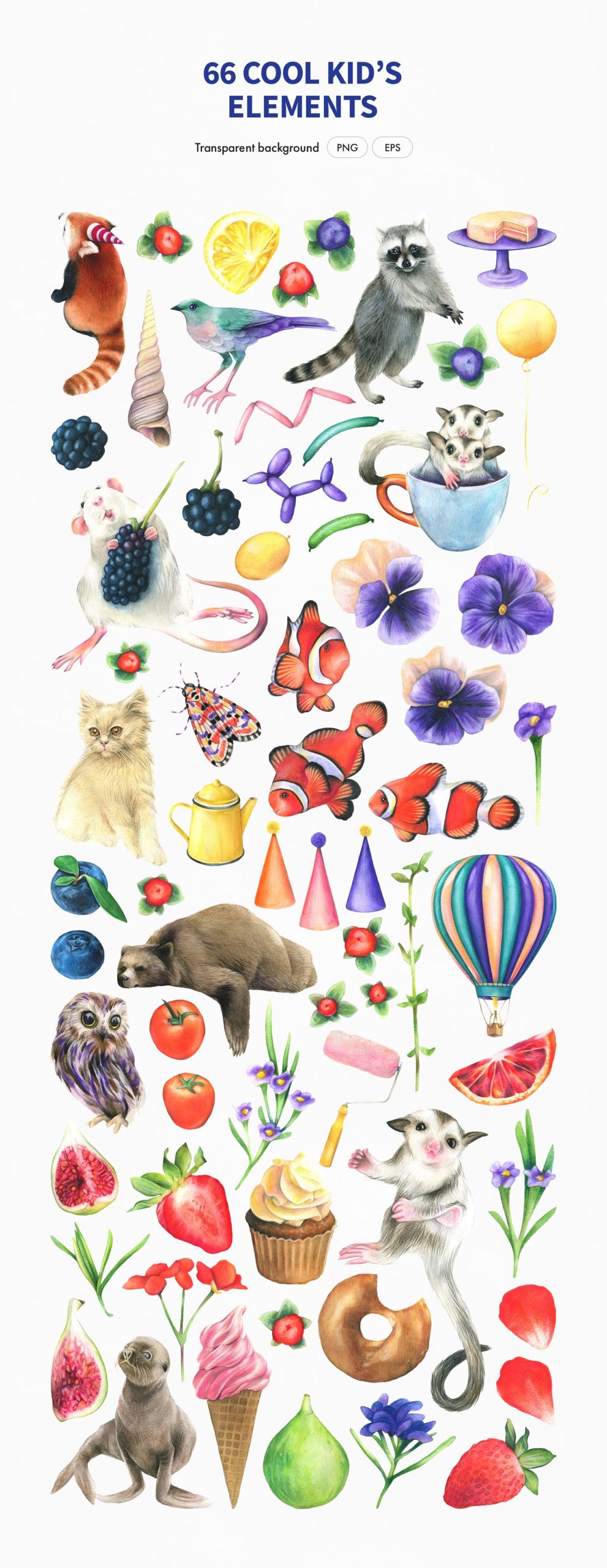 有趣独特可爱动物美味水果明亮植物手绘水彩图案