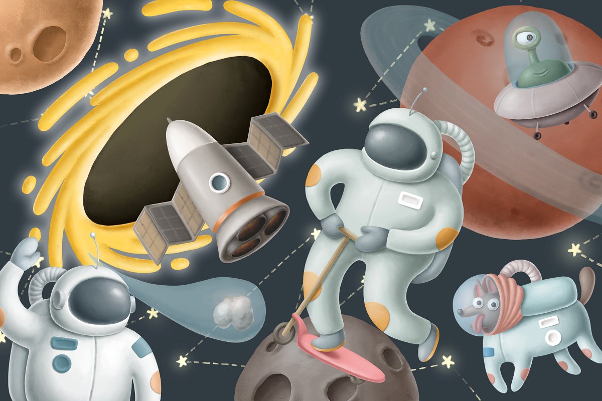星际航空主题宇航员场景插画素材