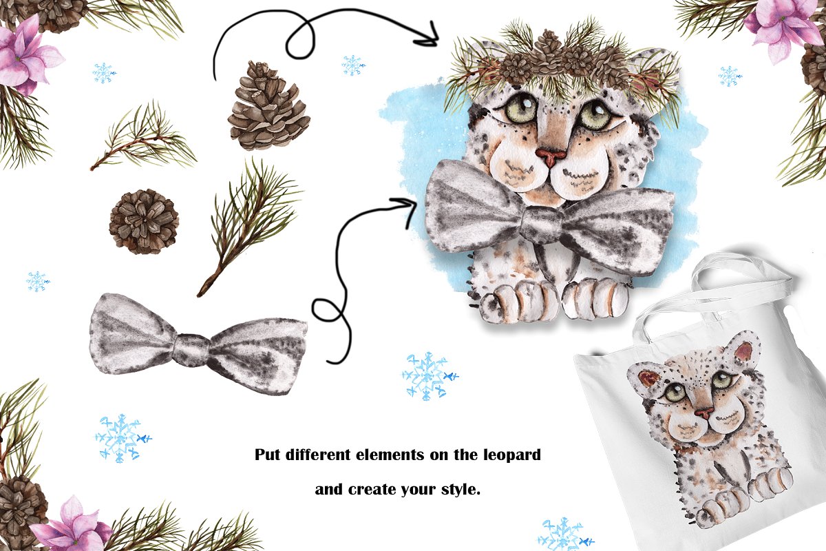 可爱的雪豹动物水彩卡通插画合集