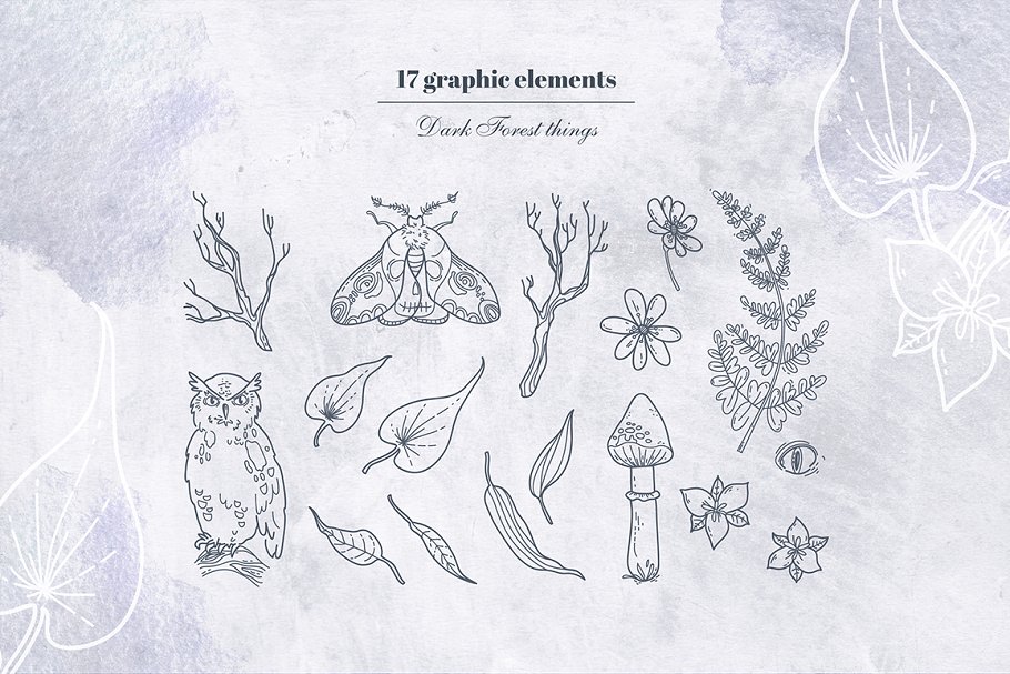 暮色森林水彩字母&amp;花卉元素插画套装