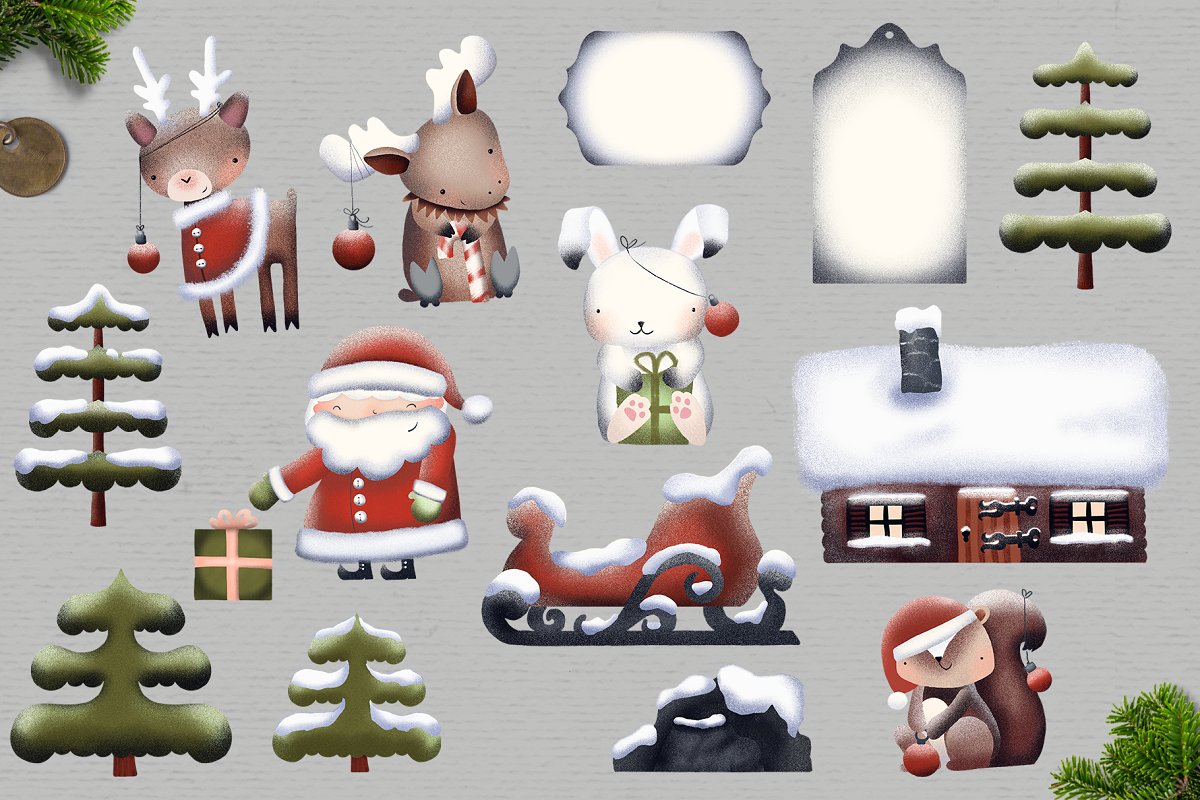圣诞林地动物水彩剪贴画素材