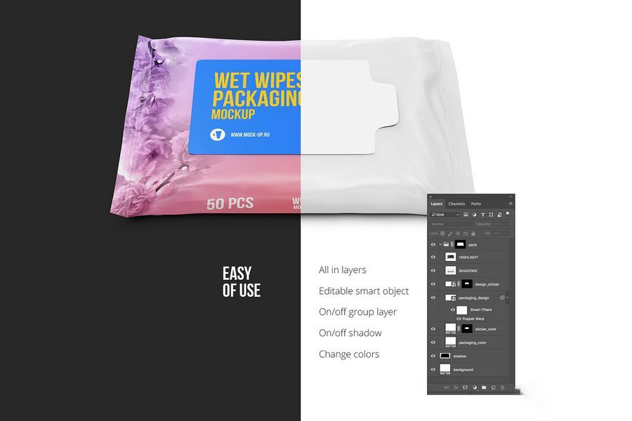 袋装湿纸巾塑料袋湿巾包装展示效果图VI智能贴图PS样机素材