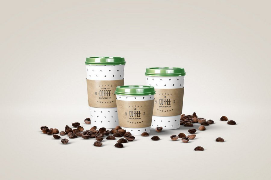 咖啡厅品牌形象咖啡豆包装袋水杯咖啡杯展示效果图VI智能贴图