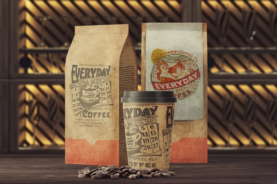 餐厅餐饮咖啡厅品牌形象咖啡豆包装袋纸杯展示效果图VI智能贴图