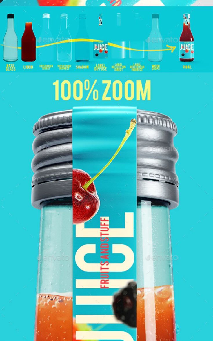 鸡尾酒果汁瓶装饮料玻璃瓶瓶贴标签食品冷饮包装展示效果图