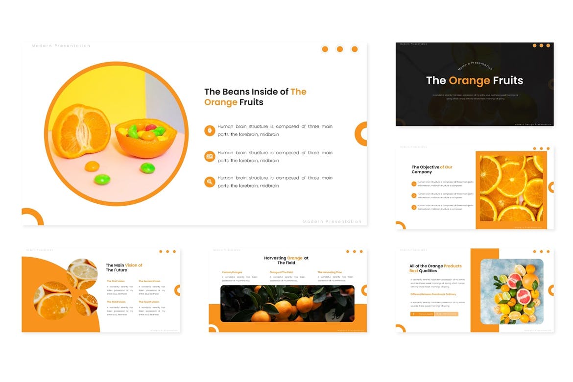 时尚简约好用的清新橙色配色水果主题keynote幻灯片演示模