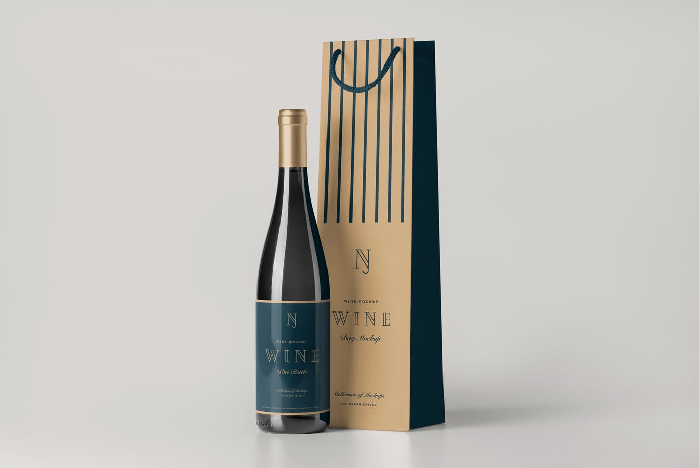 高品质的精致红酒酒瓶包装设计VI样机展示模型