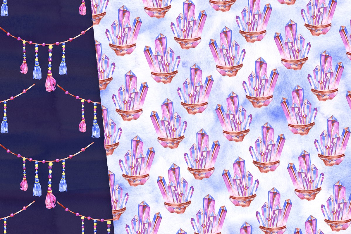 波西米亚风紫色水晶水彩数码纸背景图案素材