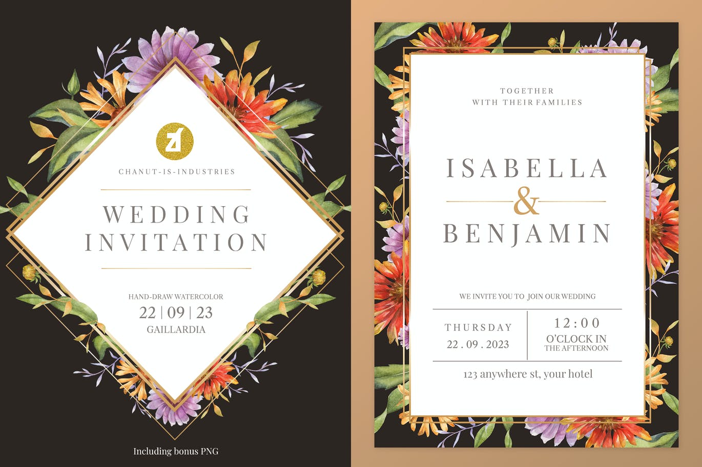 简约手绘水彩风格的花卉花朵植物婚礼请见请帖海报设计模板