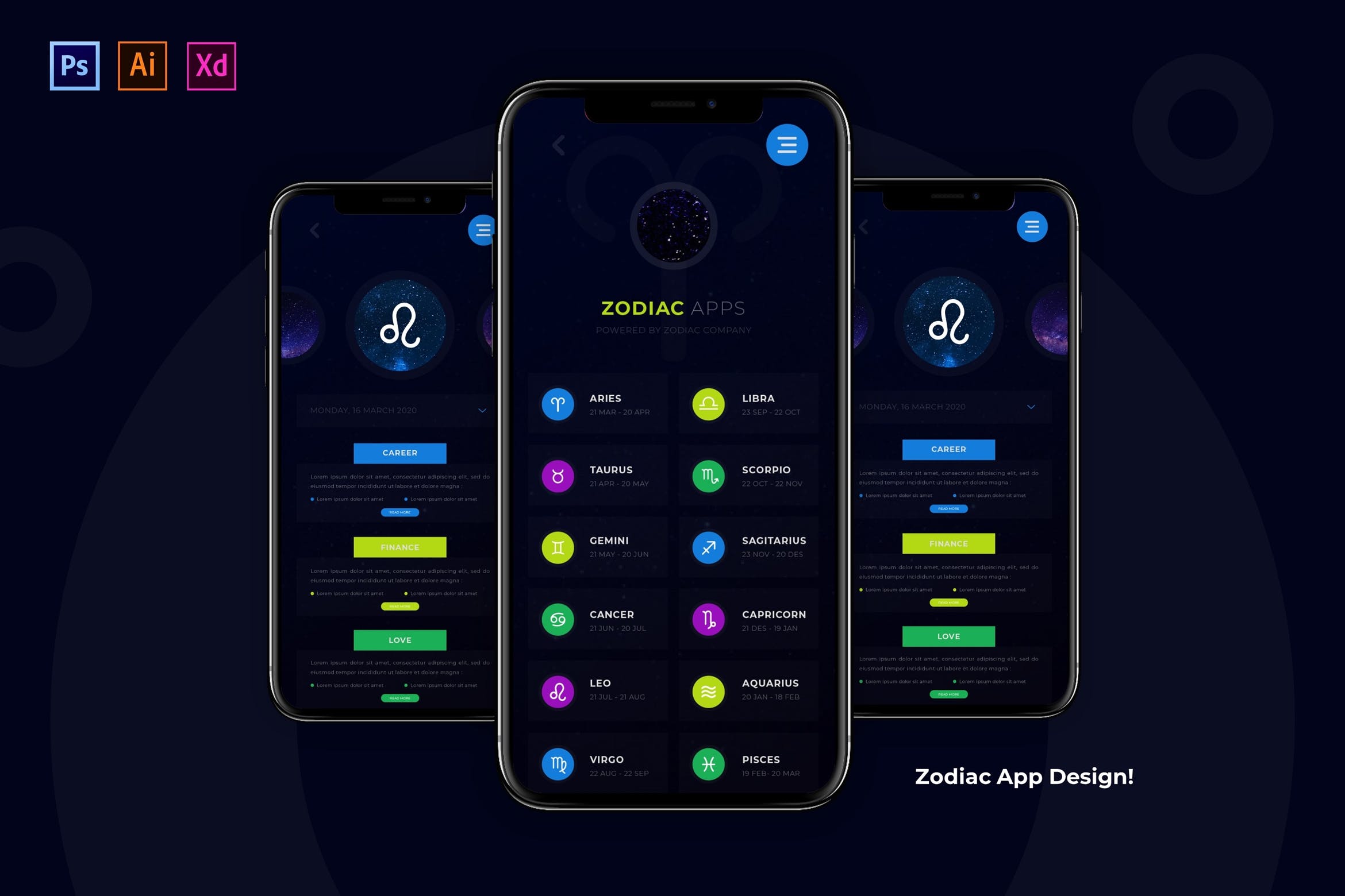 星座黄道十二宫主题的APP UI应用程序设计模板下载（XD,