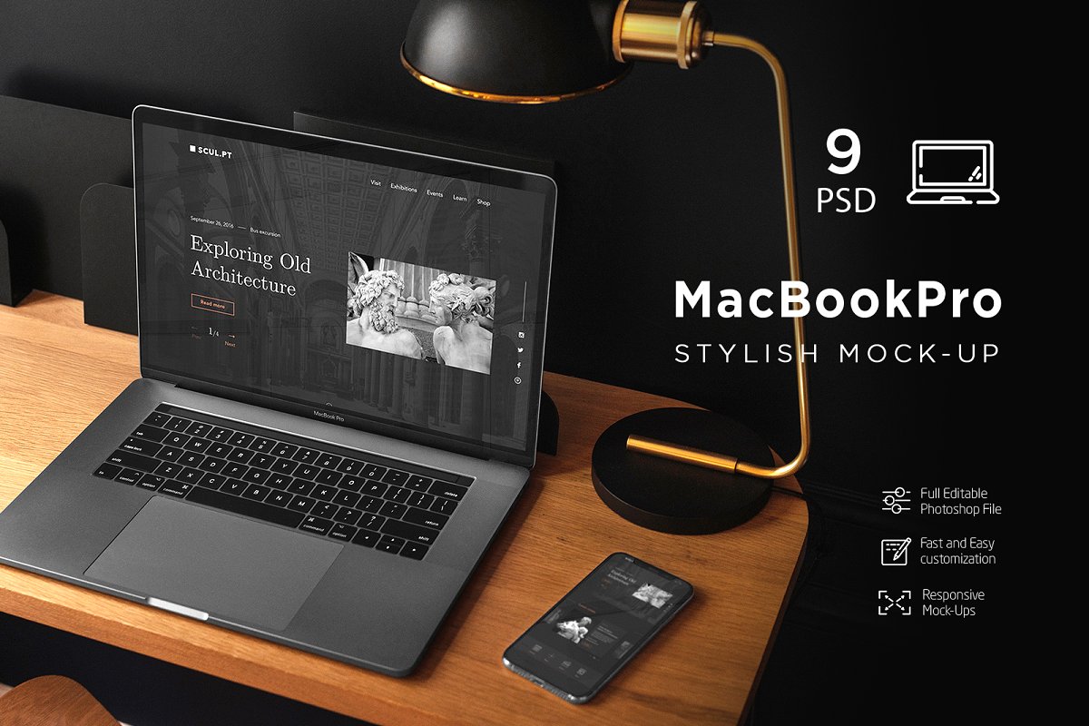 时尚的MacBook Pro网站设计效果图预览样机
