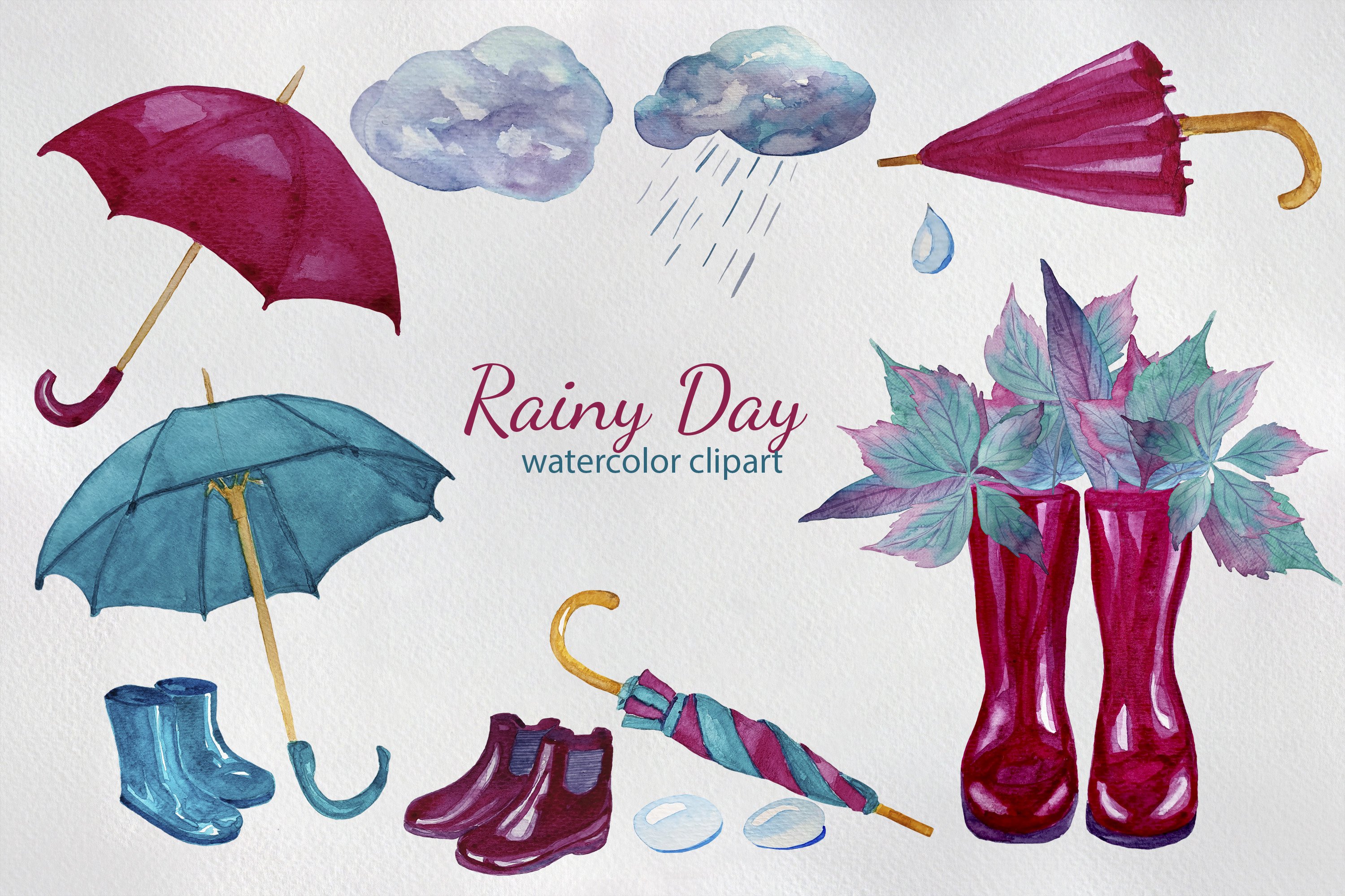 夏季水彩手绘雨伞雨靴PNG剪贴画素材 Rainy Day W