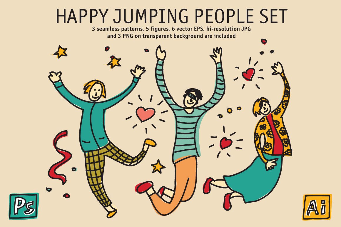 欢快跳跃的人群矢量插画插图素材 Happy jumping