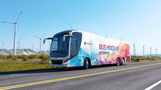 高质量新能源风能企业宣传公交巴士车身广告贴图样机模板 Ani