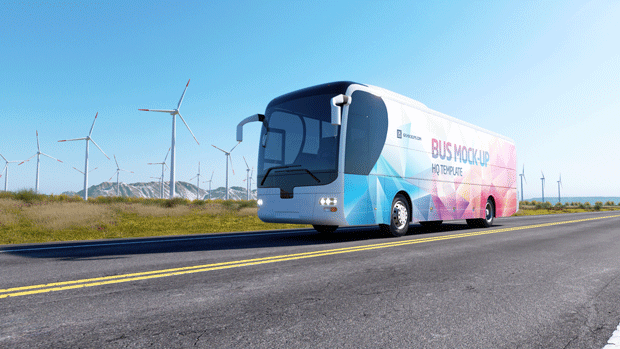 高质量新能源风能企业宣传公交巴士车身广告贴图样机模板 Ani