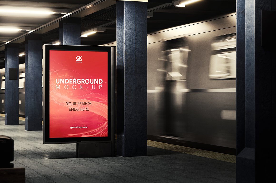 超酷的地铁列车户外广告牌动态动画演示样机PSD模板 3D U