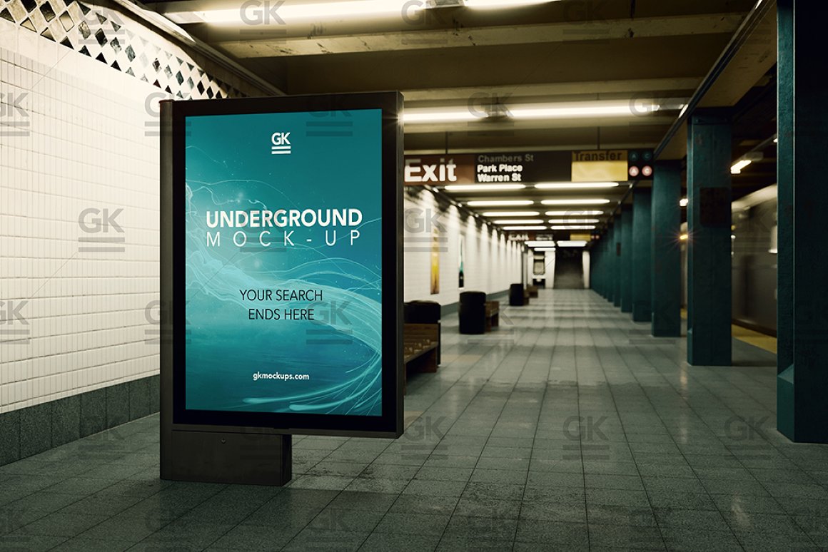 超酷的地铁列车户外广告牌动态动画演示样机PSD模板 3D U