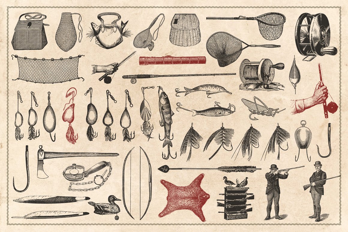 150张手绘老式复古捕鱼狩猎露营用品及猎物等插画 Vinta