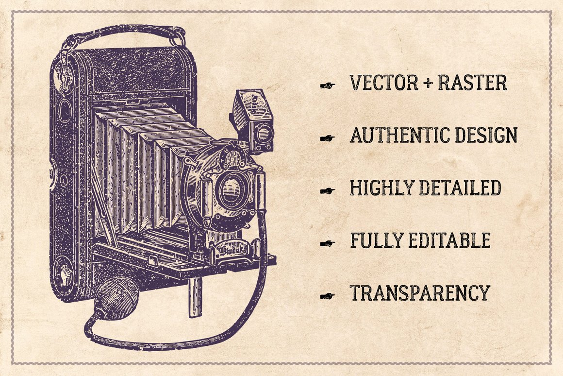 61幅手绘复古老式相机打字机文具等印刷绘图用品矢量插画 Vi