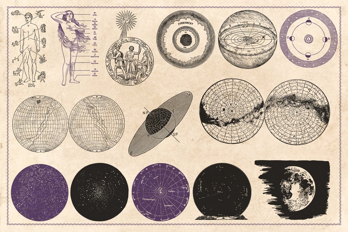 190张复古风炼金术占星术天文学手相术手绘插画素材 Vint