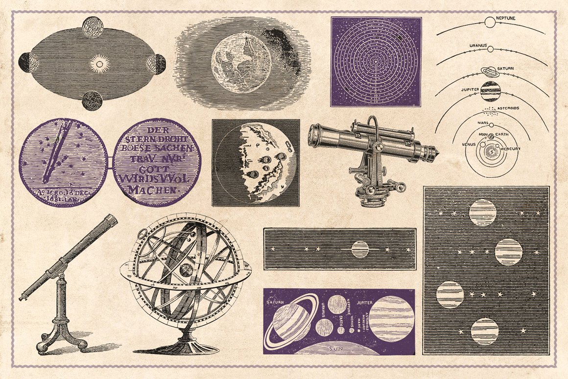 190张复古风炼金术占星术天文学手相术手绘插画素材 Vint