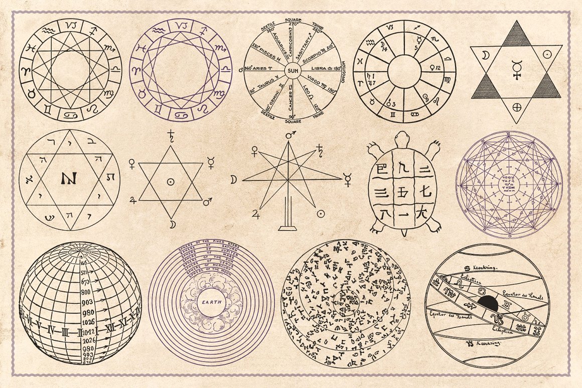 190张复古风炼金术占星术天文学手相术手绘插画素材 Vint