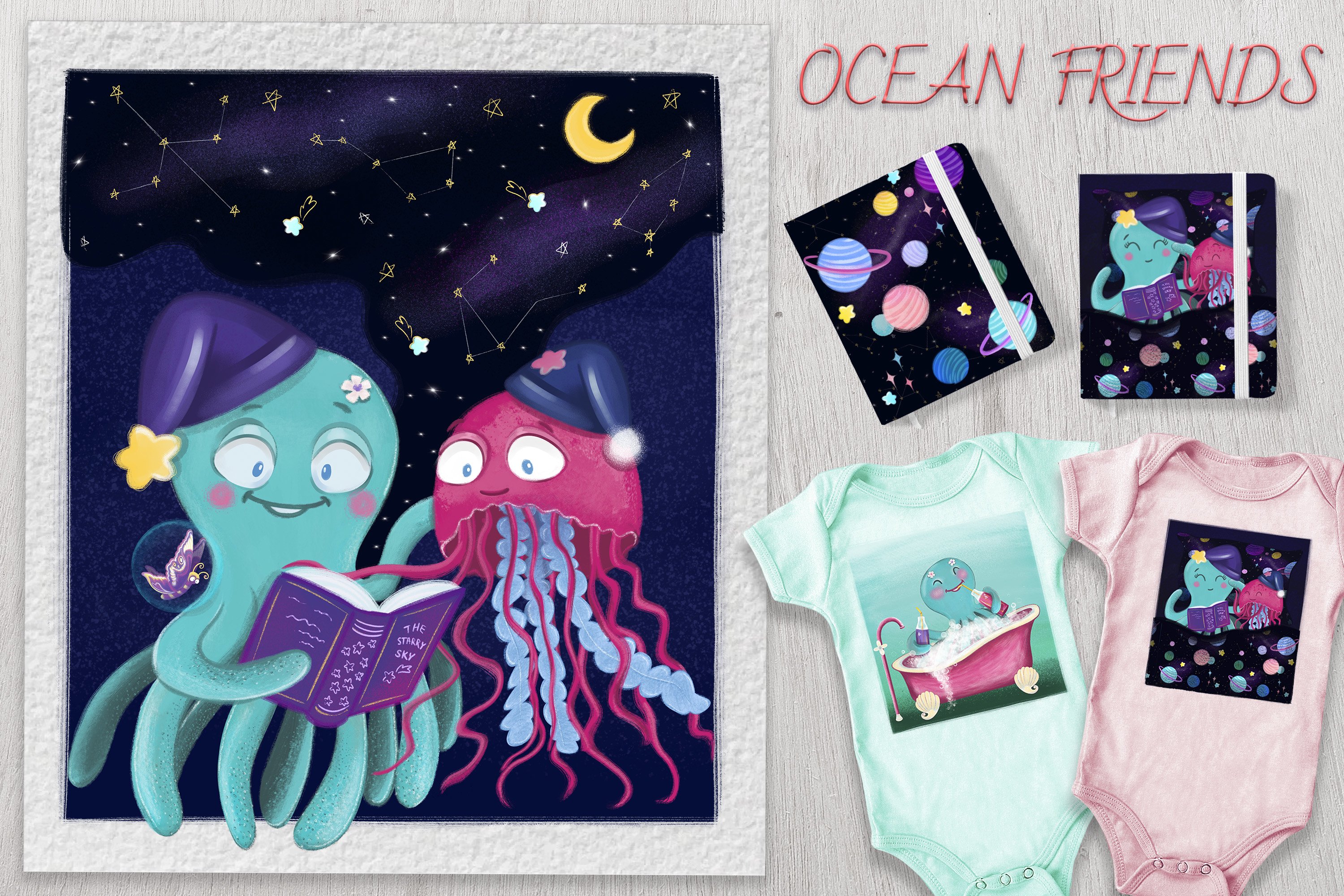 手绘水彩可爱海洋动物水母章鱼插画素材 Ocean Frien