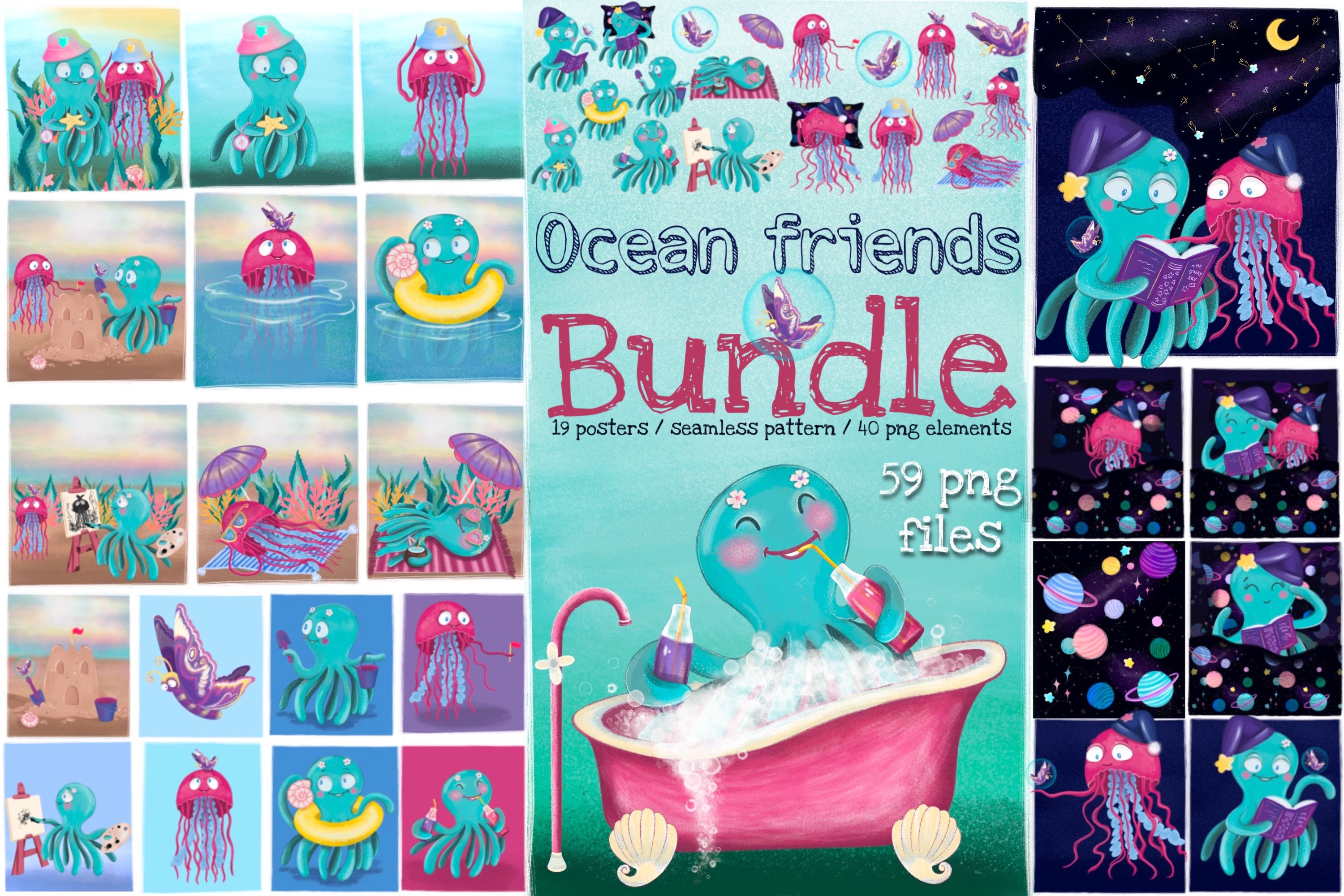 手绘水彩可爱海洋动物水母章鱼插画素材 Ocean Frien