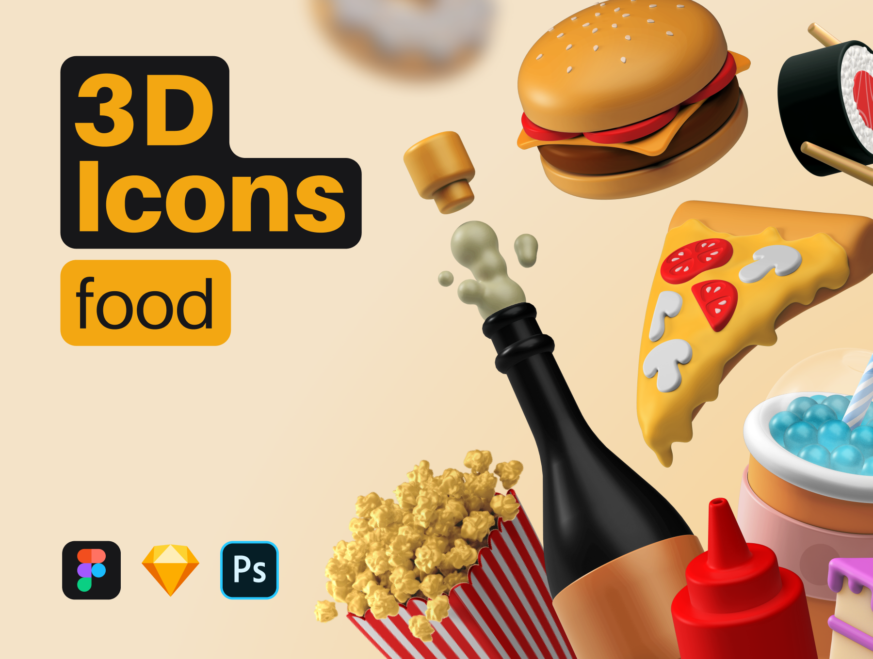 3D立体食物快餐元素图标集 3D Icons Pack -