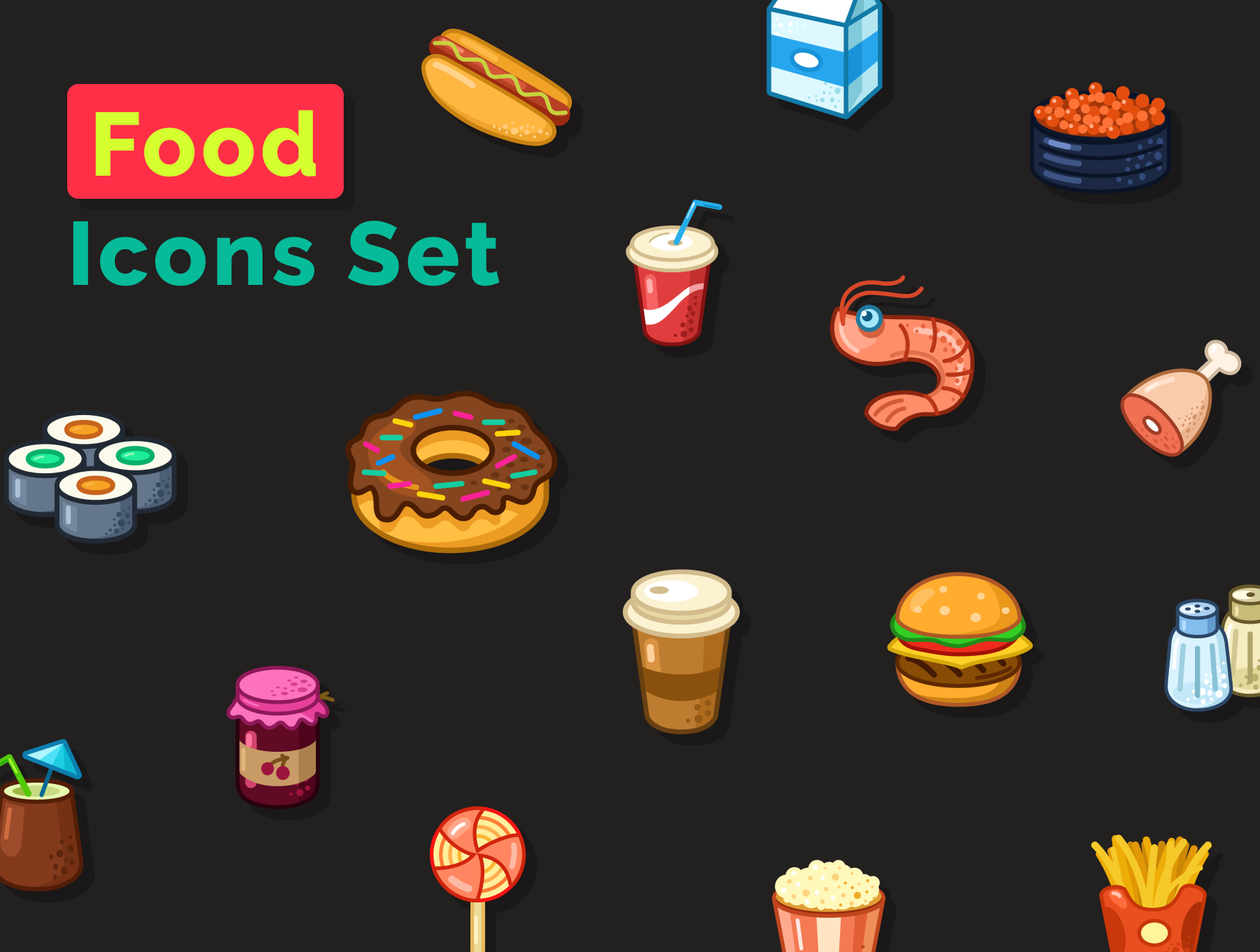 新拟物化快餐食品饮料图标集 Food Icons Set