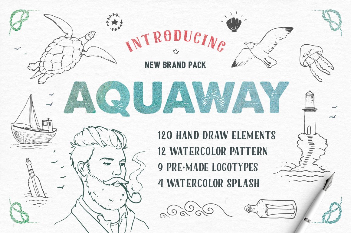 水彩手绘海洋主题插画素材 AquaWay — waterco