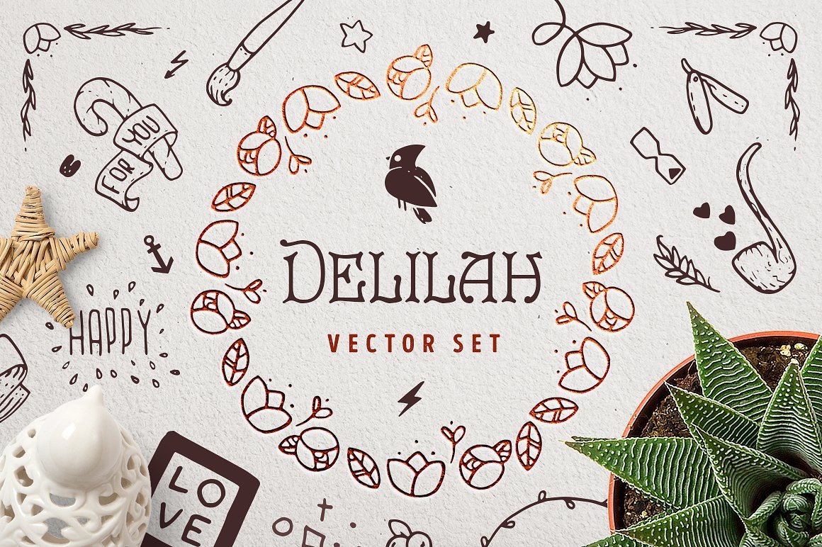 丰富的手绘动物花卉浆果丝带装饰元素插画 Delilah –