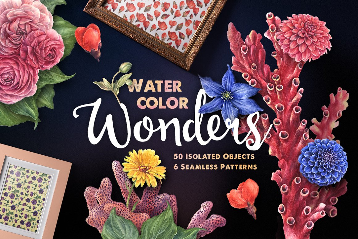 50个水彩手绘鲜花树枝珊瑚主题插画剪贴画素材 Waterco